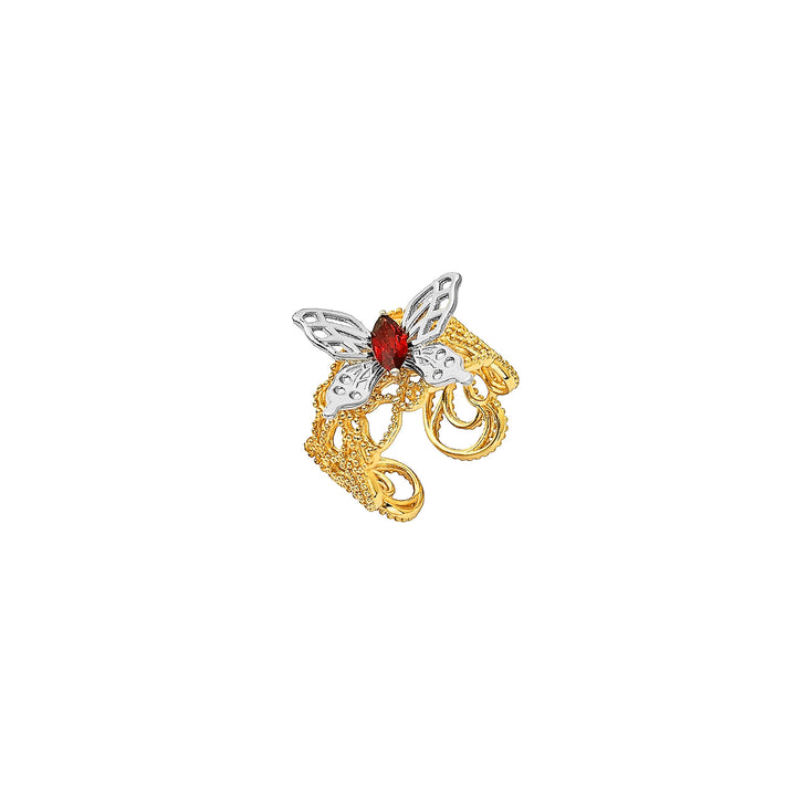 RISIS Scarlet Veil Ring, encapsulated in 18K Gold and Rhodium with Red Garnet