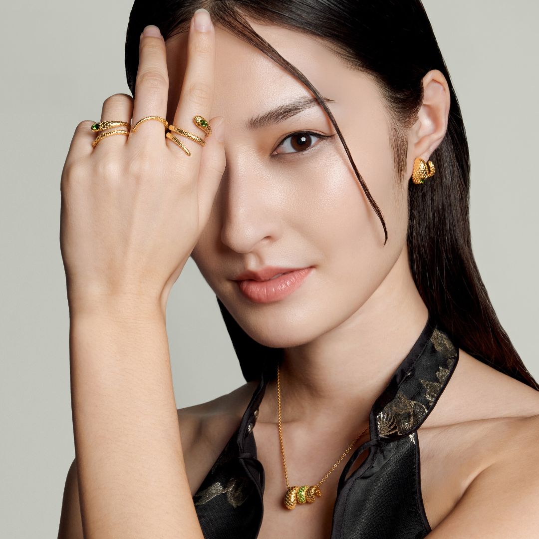RISIS Serpentine Enigma Jewellery Collection. Necklace, Earrings and Rings are 925 Sterling Silver encapsulated in 18K Gold with Chrome Diopside