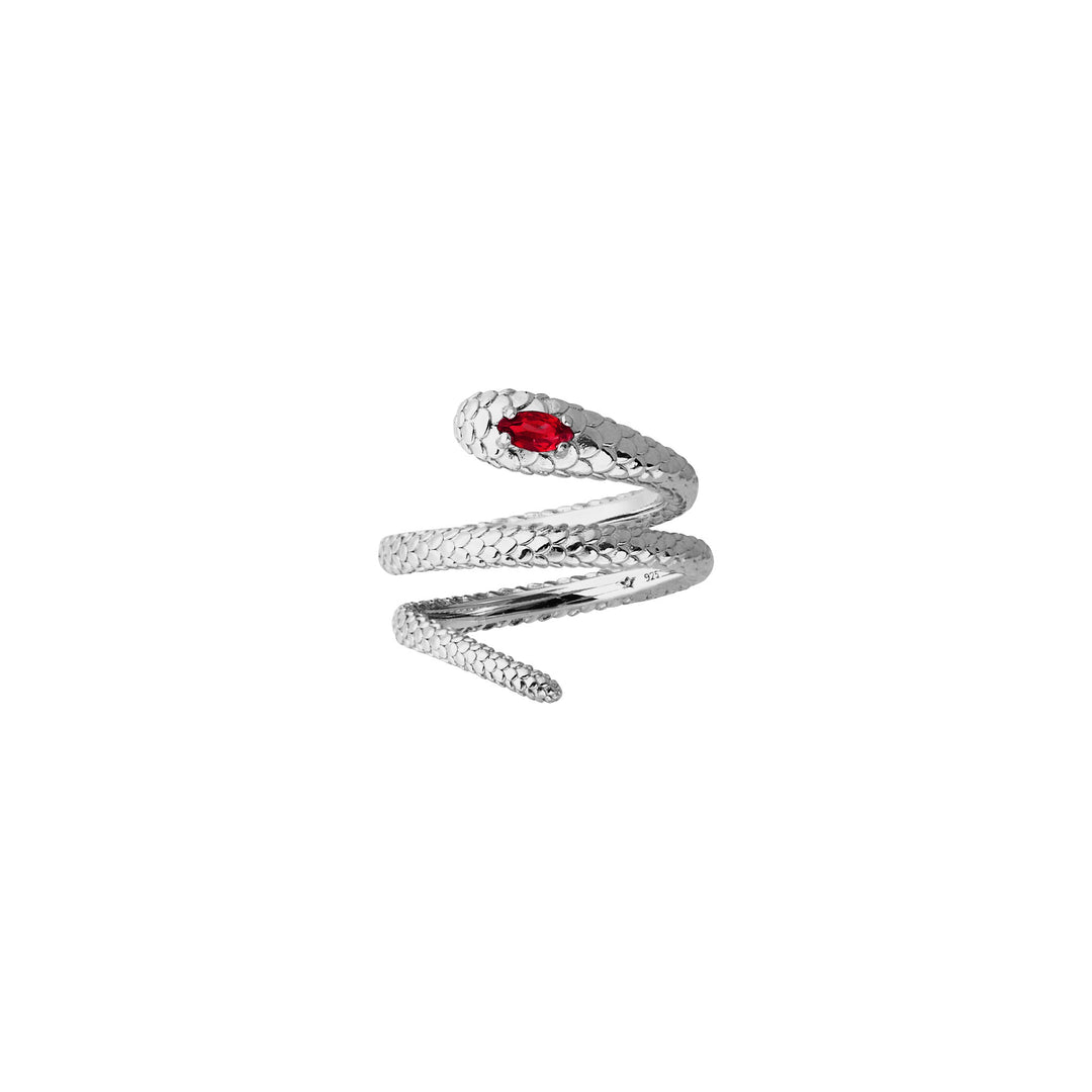 RISIS Serpentine Enigma Ring, 925 Sterling Silver encapsulated in Rhodium with Red Garnet