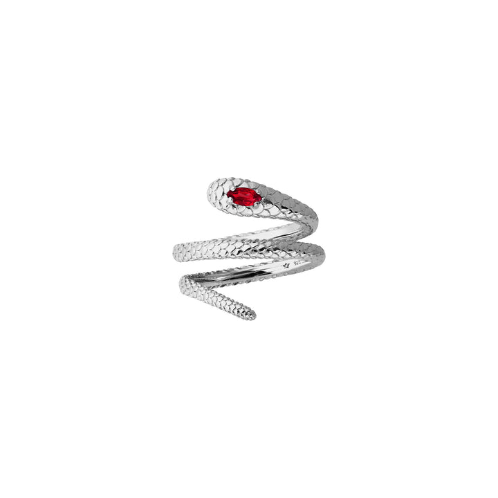 RISIS Serpentine Enigma Ring, 925 Sterling Silver encapsulated in Rhodium with Red Garnet