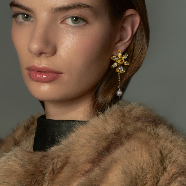 RISIS Sharry Orchid Earrings with Akoya Pearls, Natural Sharry Baby Orchid Encapsulated in 24K Swiss Gold and Rhodium with Grey Akoya Pearls