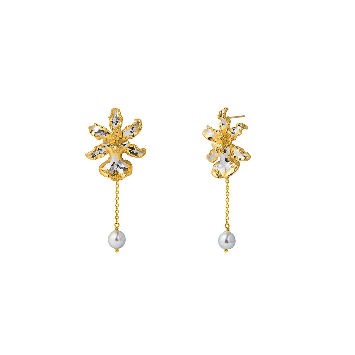 RISIS Sharry Orchid Earrings with Akoya Pearls, Natural Sharry Baby Orchid Encapsulated in 24K Swiss Gold and Rhodium with Grey Akoya Pearls
