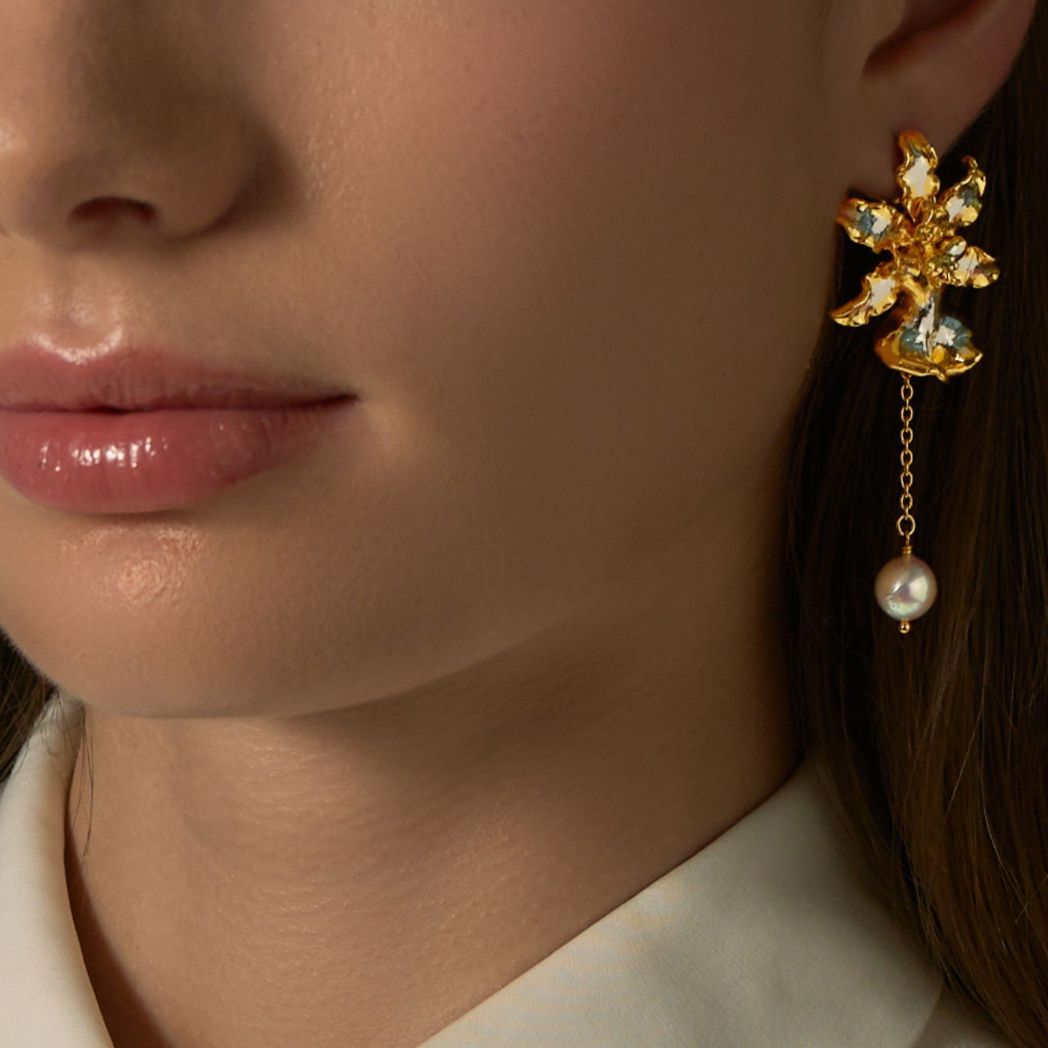 RISIS Sharry Orchid Earrings with Akoya Pearls, Natural Sharry Baby Orchid Encapsulated in 24K Swiss Gold and Rhodium with Grey Akoya Pearls