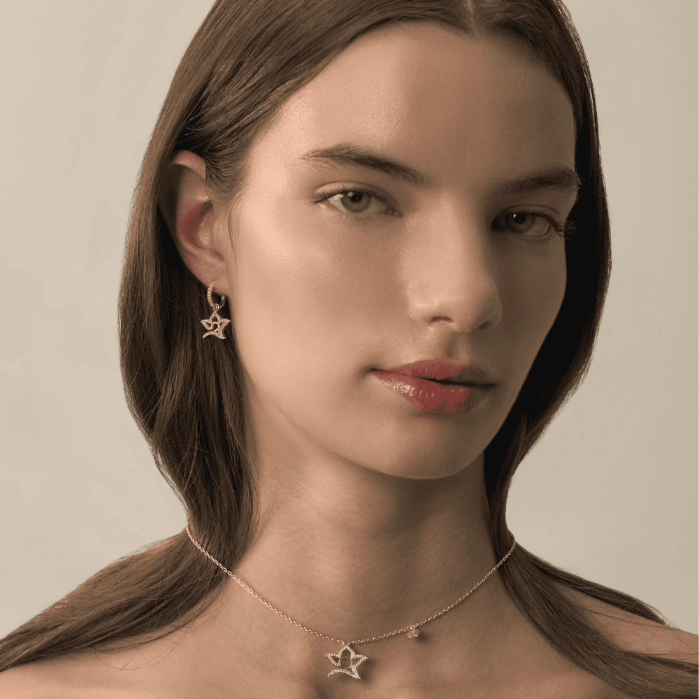RISIS StarBloom Earrings and Necklace, 925 Sterling Silver encapsulated in 18K Yellow Gold with Cubic Zirconia