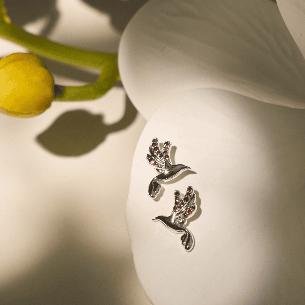 RISIS Sunbird Whispers Earrings, 925 Sterling Silver in Rhodium with Red Garnet