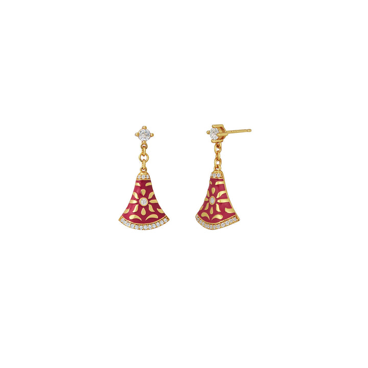 RISIS Sweet Nyonya Earrings, 925 Sterling Silver encapsulated in 18K Gold with Red Enamel and White Topaz