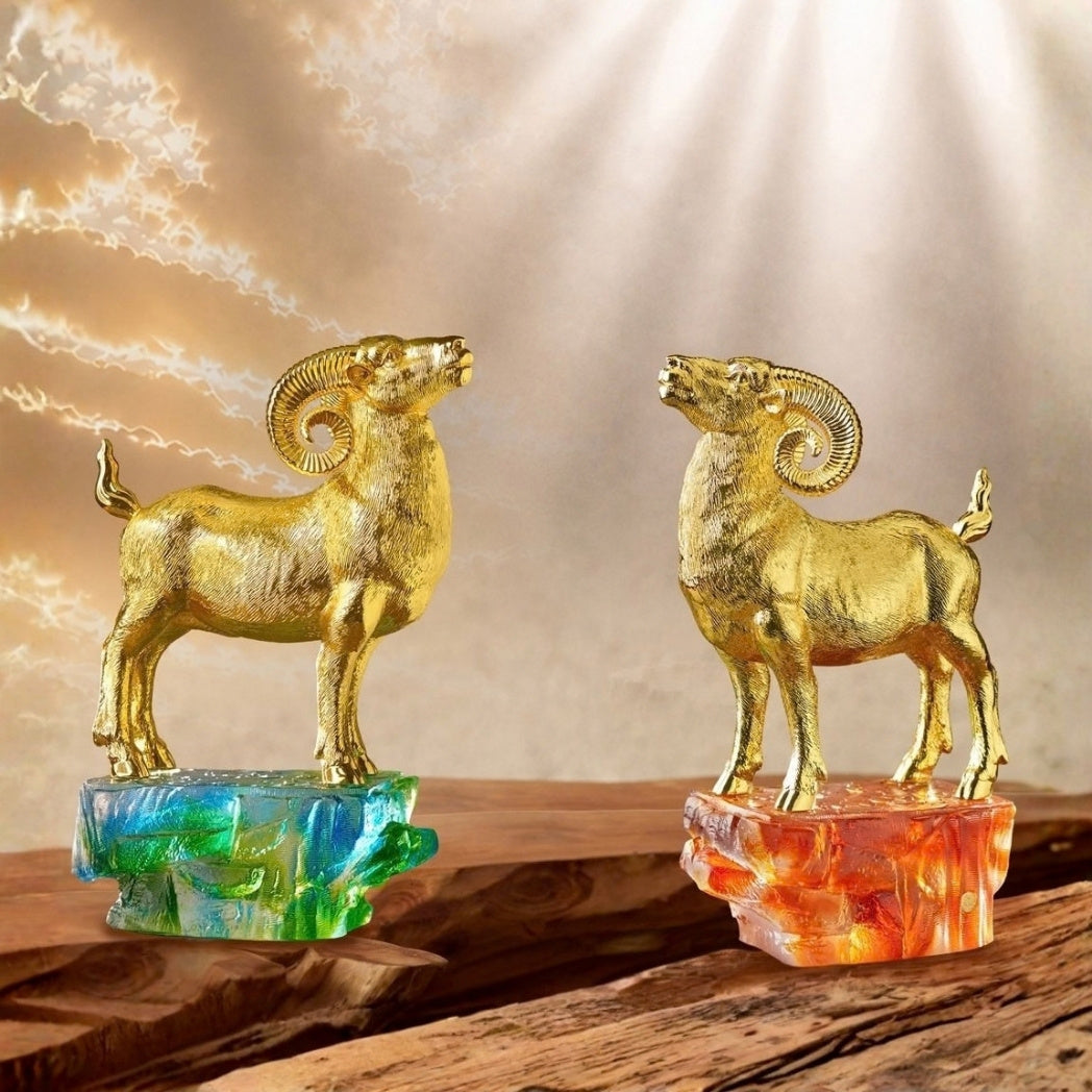 RISIS The Rising Argali (Majestic Goat) in 24K Gold, on Green & amber Liu Li