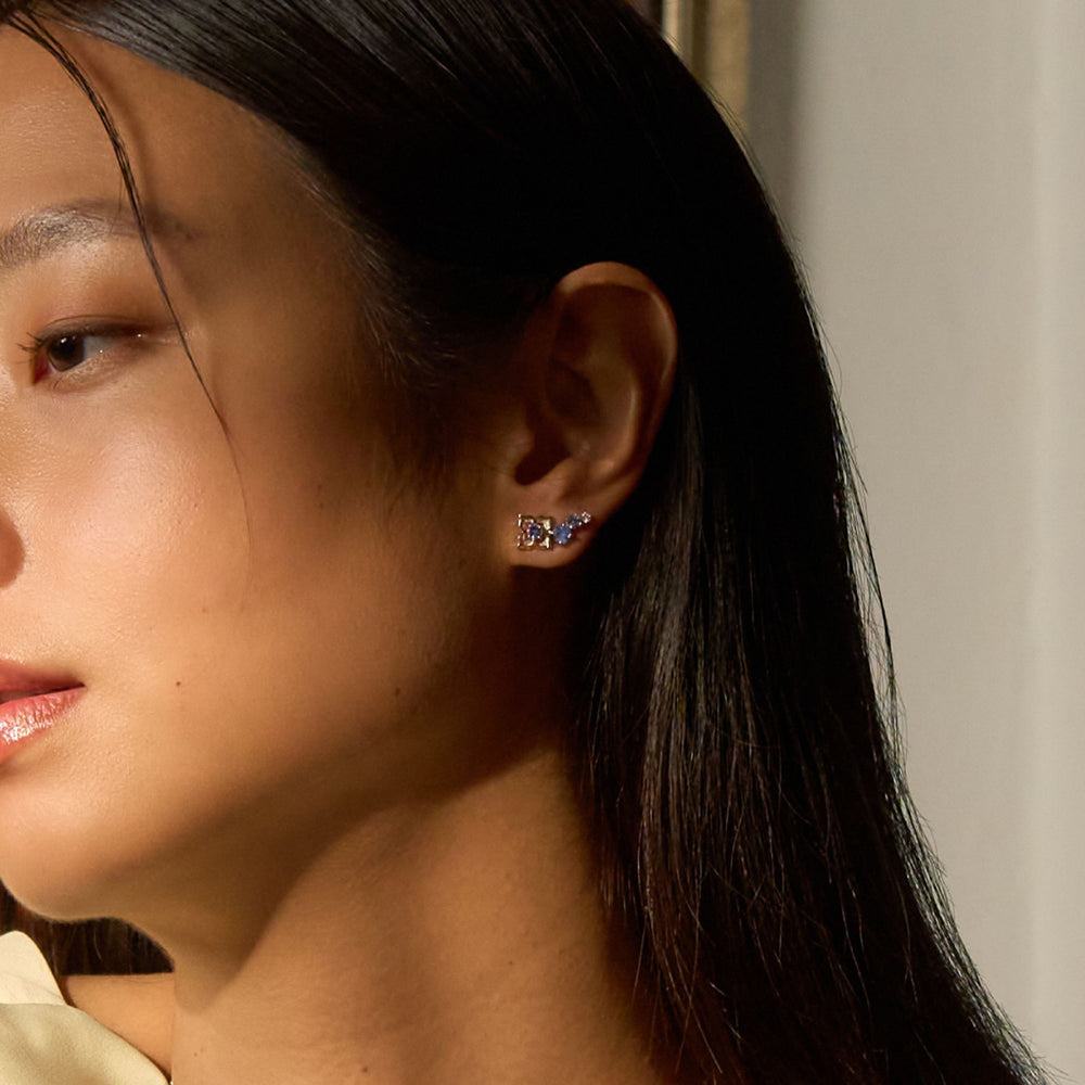 RISIS Timeless Nyonya Blue Sapphires Climber Earrings, 925 Sterling Silver encapsulated in Rhodium Silver with Blue Sapphires