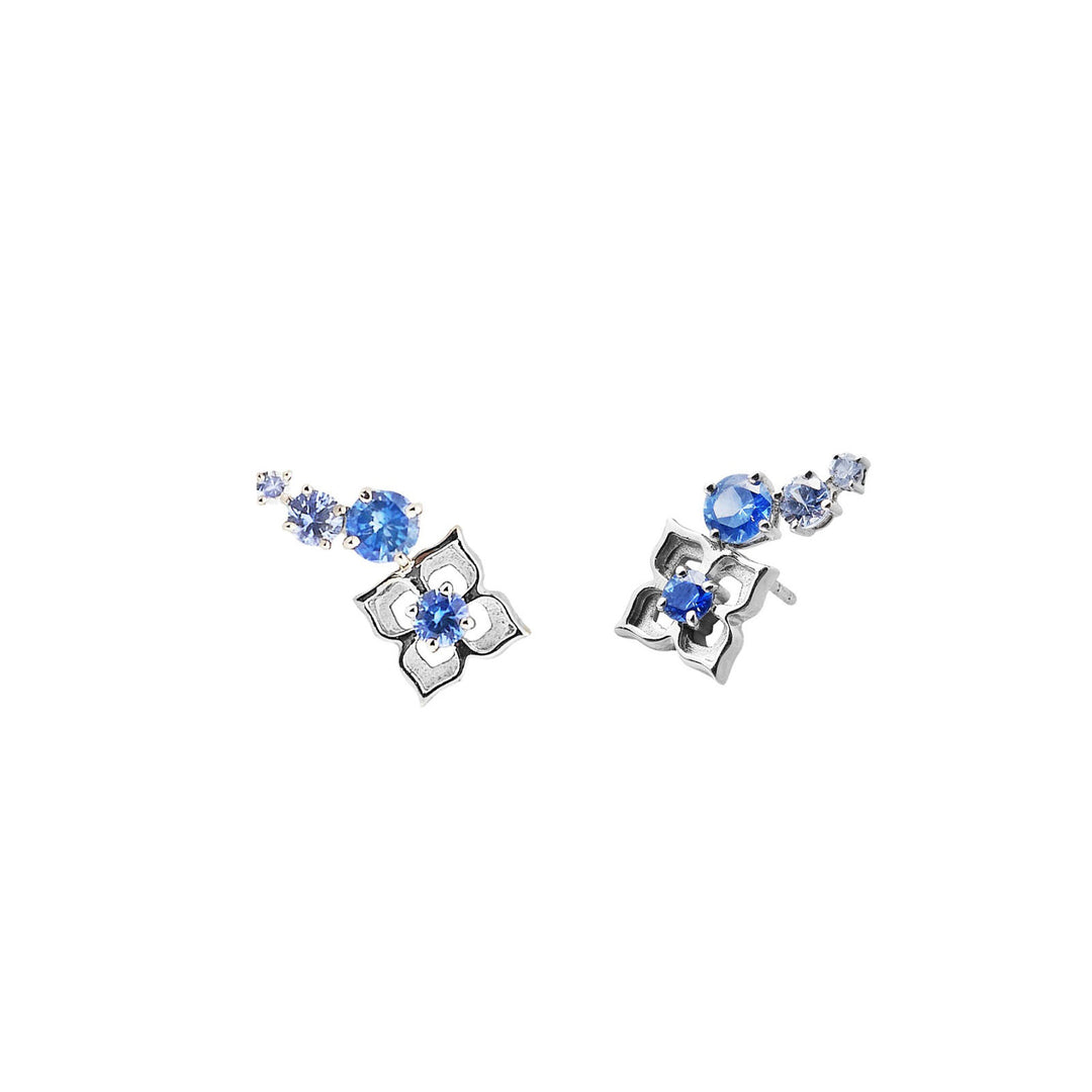 RISIS Timeless Nyonya Blue Sapphires Climber Earrings, 925 Sterling Silver encapsulated in Rhodium Silver with Blue Sapphires