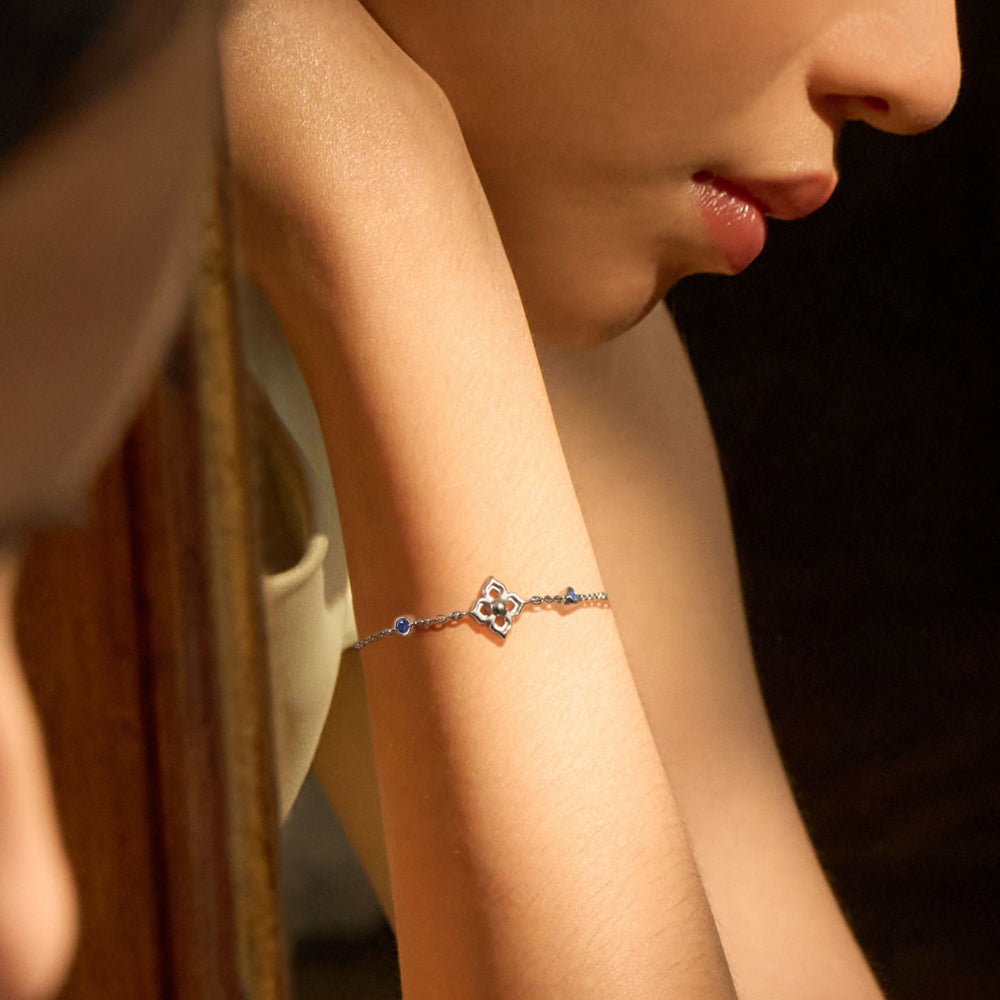 RISIS Timeless Nyonya Bracelet, 925 Sterling Silver encapsulated in Rhodium with Blue Sapphires