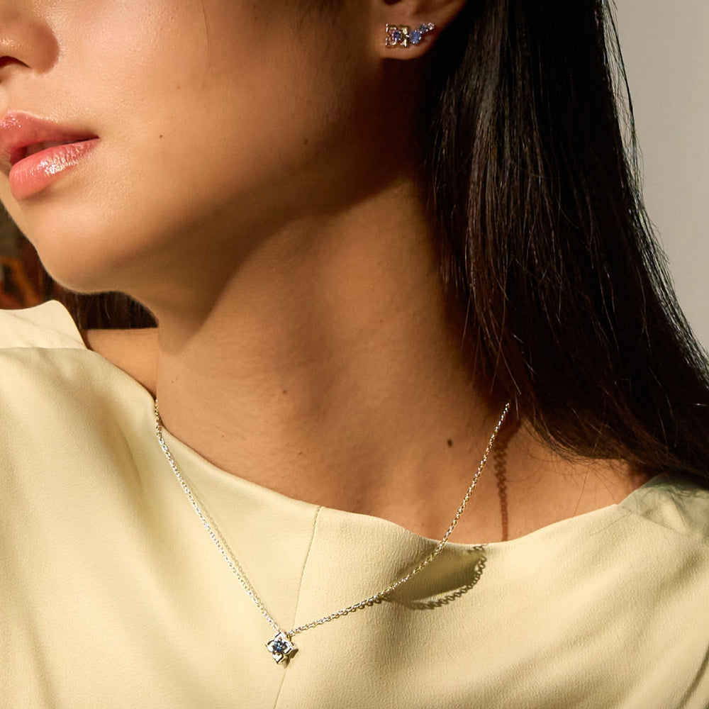 RISIS Timeless Nyonya Earrings and Necklace with Blue Sapphires, 925 Sterling Silver encapsulated in Rhodium