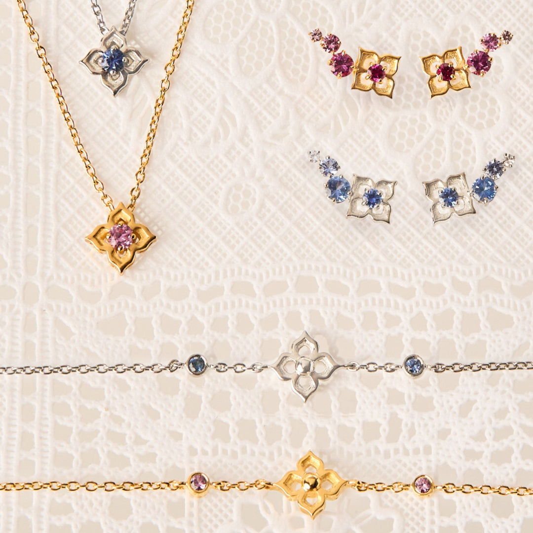 RISIS Timeless Nyonya Jewellery Set, 925 Sterling Silver encapsulated in 24K Swiss Gold with Pink & Blue Sapphires
