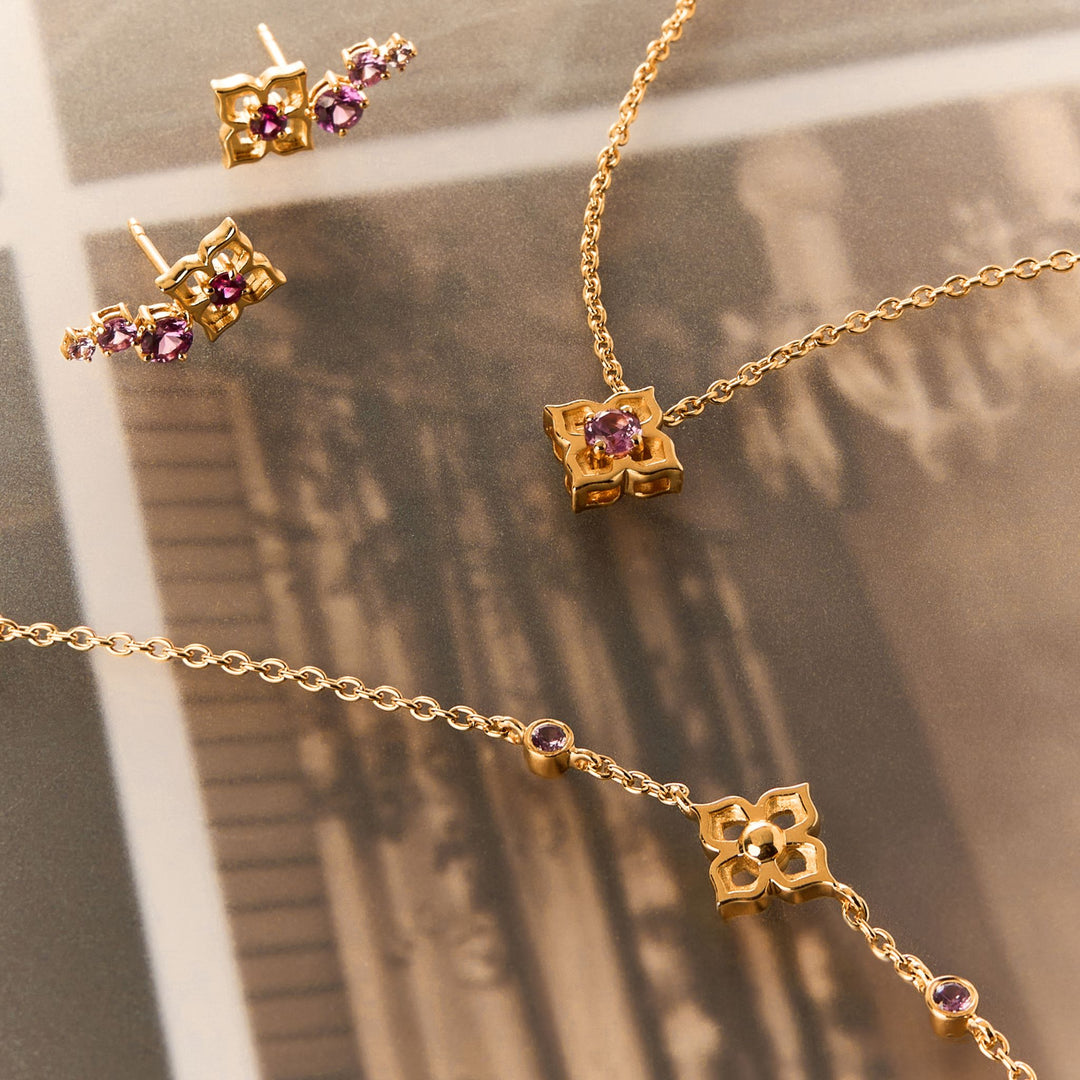 RISIS Timeless Nyonya Jewellery Set (Earrings, Necklace & Bracelet) with Pink Sapphires,  925 Sterling Silver encapsulated in 24K Swiss Gold 