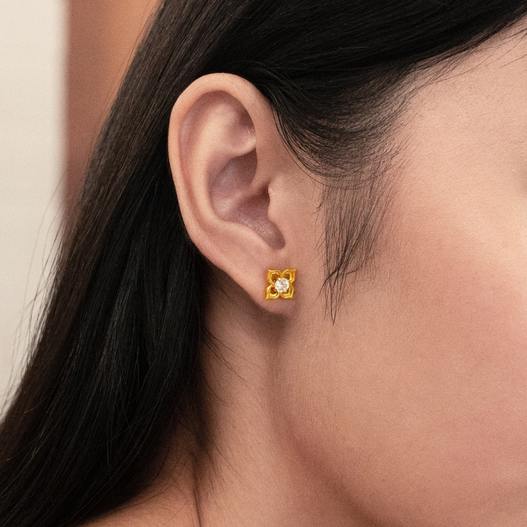 RISIS Timeless Peranakan Earrings in 24K Swiss Gold with White Topaz