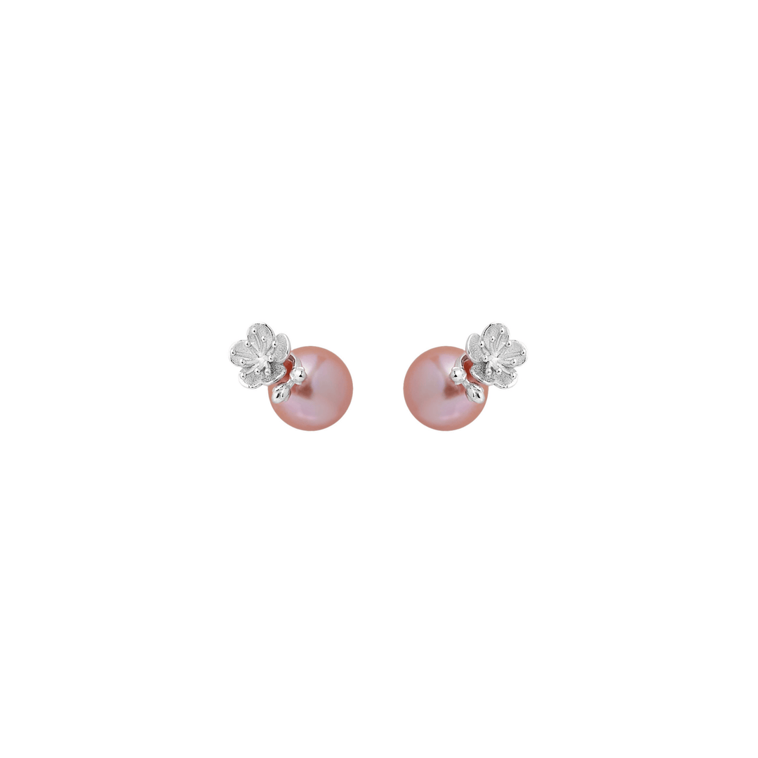 RISIS Ume Bloom Earrings, 925 Sterling Silver Encapsulated in Rhodium with Pink Freshwater 