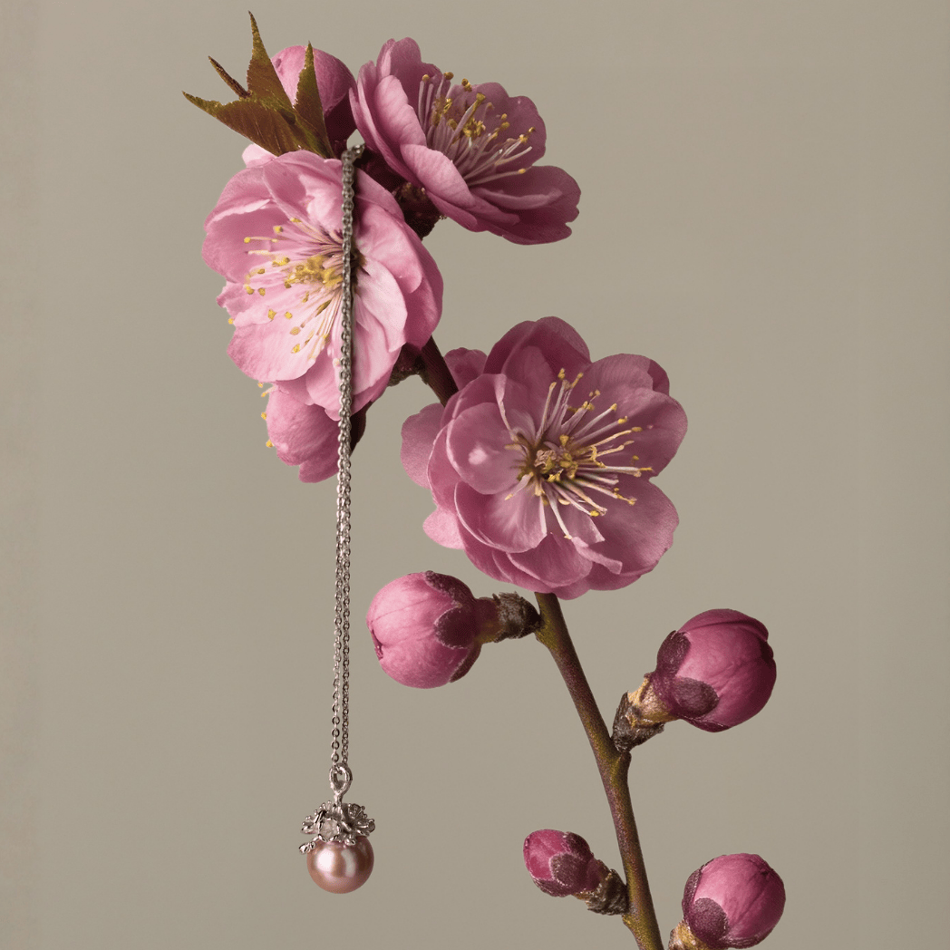 RISIS Ume Bloom Necklace, 925 Sterling Silver Encapsulated in Rhodium with Pink Freshwater Pearl