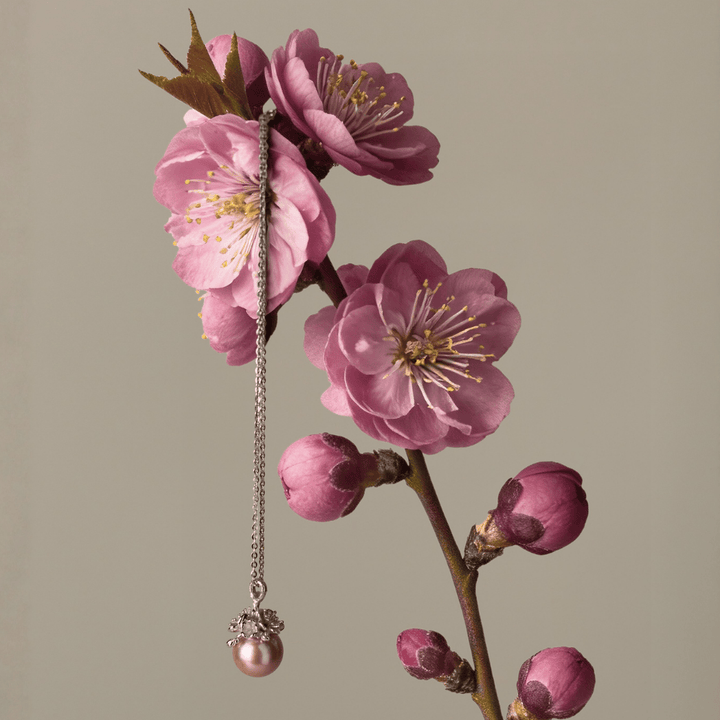 RISIS Ume Bloom Necklace, 925 Sterling Silver Encapsulated in Rhodium with Pink Freshwater Pearl