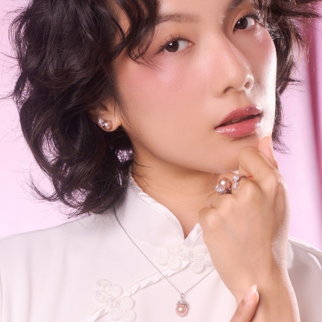 RISIS Ume Bloom Ring, In Rhodium with Pink Freshwater Pearl