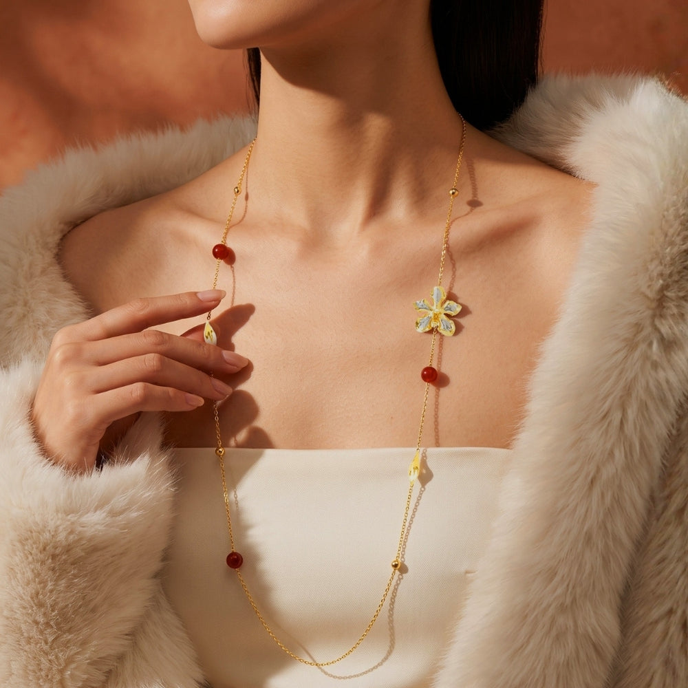 RISIS Vanda Blossom Necklace in Palladium, encapsulated in 24K Swiss Gold and Palladium with Red Agate 