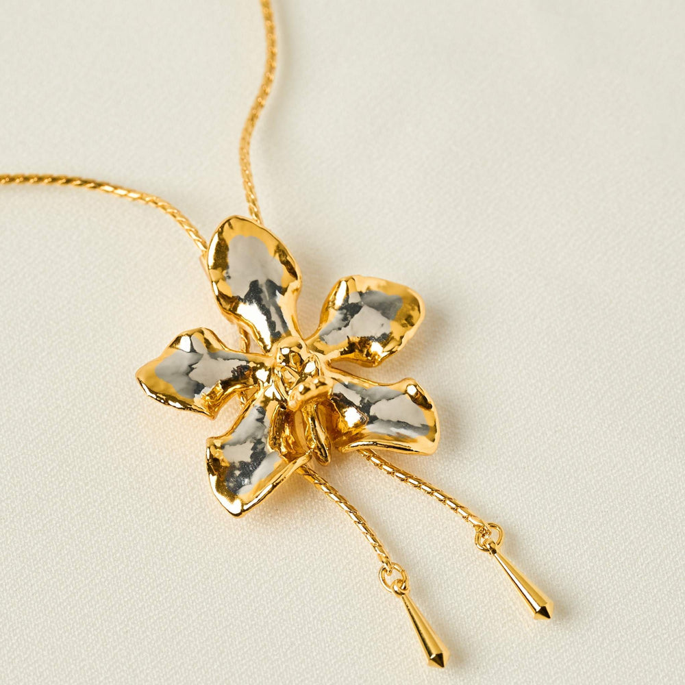 RISIS Vanda Limbata Orchid Long Slider Necklace, Natural Orchid Encapsulated in 24K Swiss Gold and Palladium