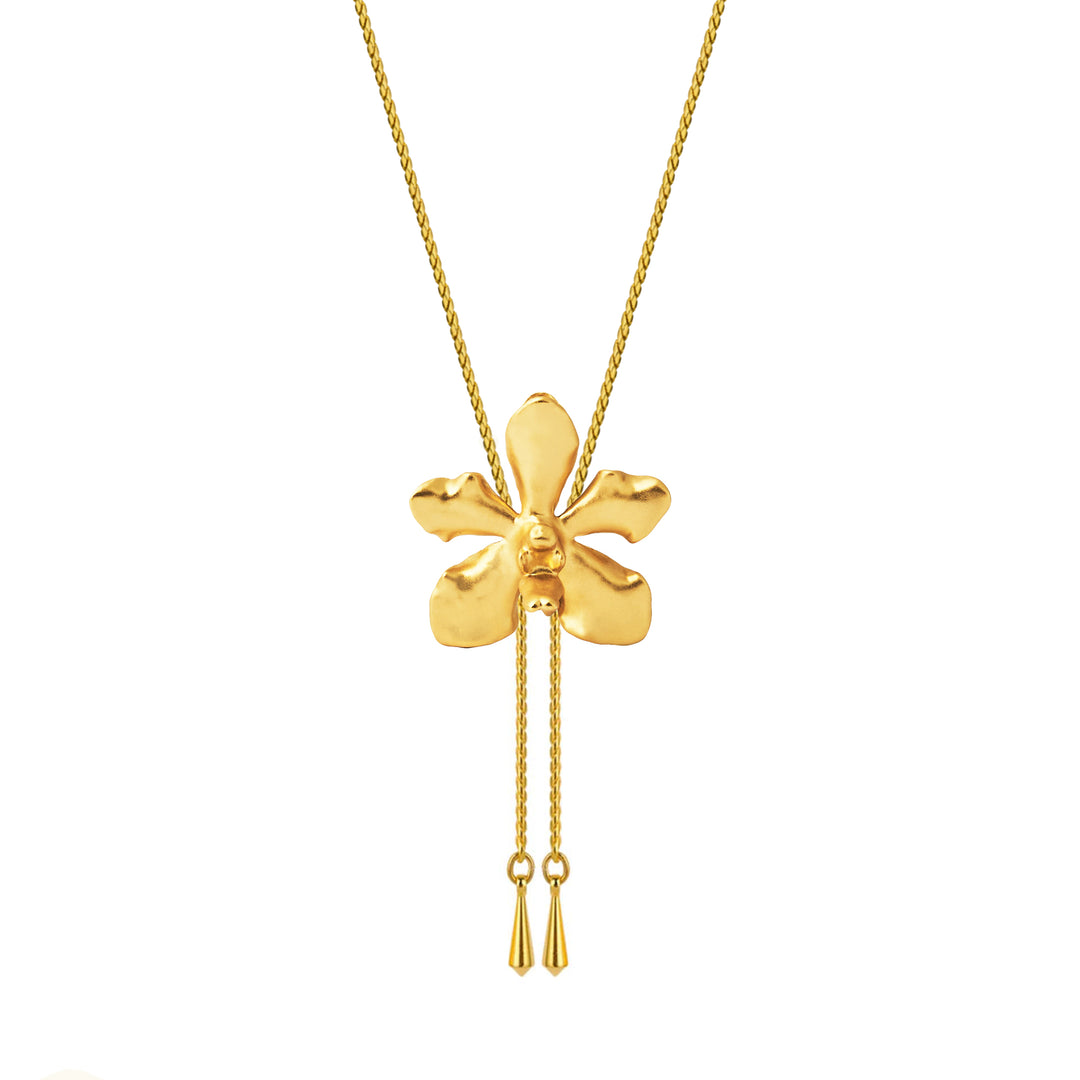 RISIS Vanda Limbata Orchid Long Slider Necklace in 24K Gold