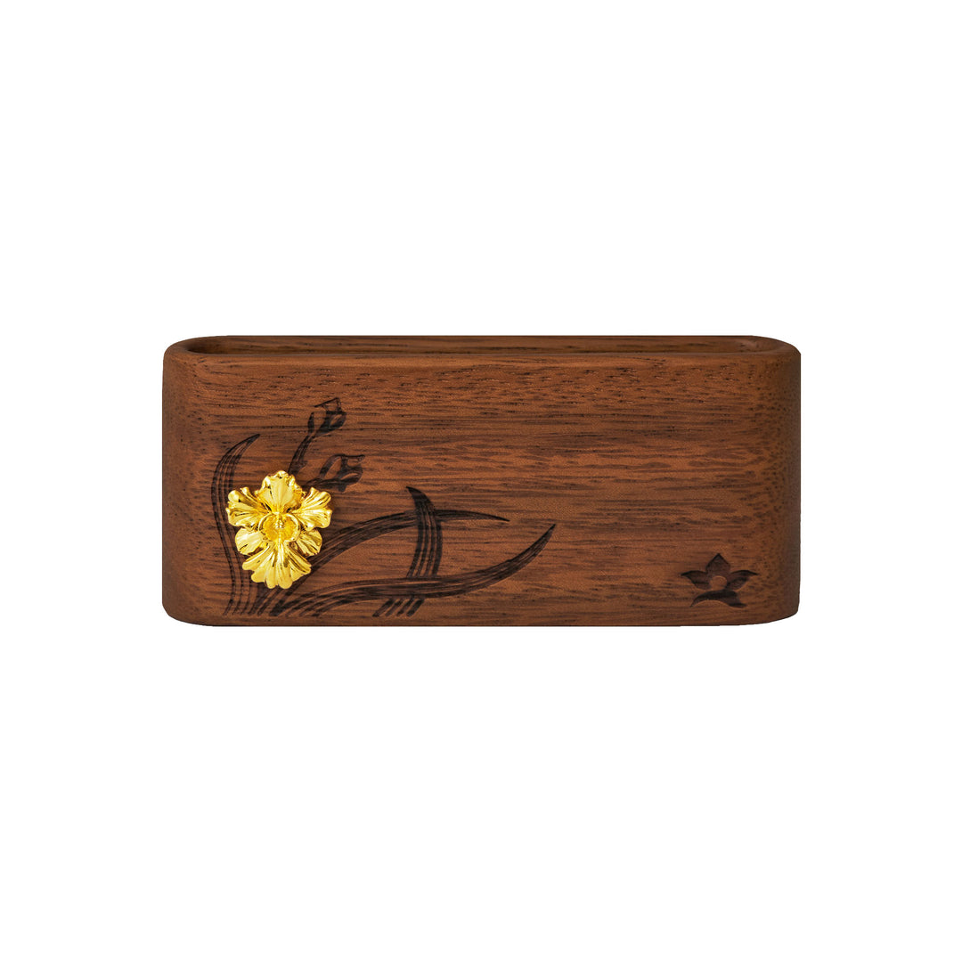 RISIS Vanda Miss Joaquim Orchid Name Card Holder, brass encapsulated in 18K Gold with Sustainable Acacia Wood