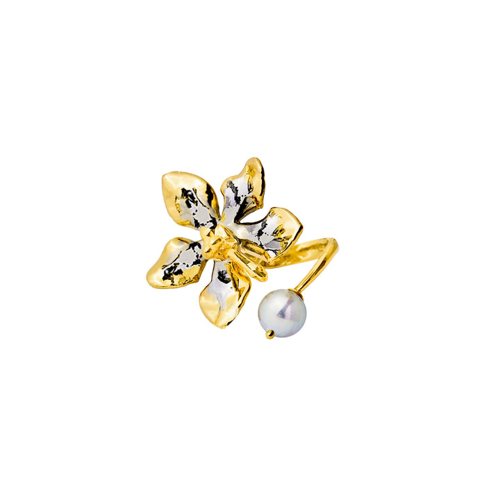 RISIS Vanda Orchid Ring In Gold and Palladium with Akoya Pearls, Natural Vanda Limbata Orchid Encapsulated in 24K Swiss Gold and Palladium with Natural Grey Akoya Pearl