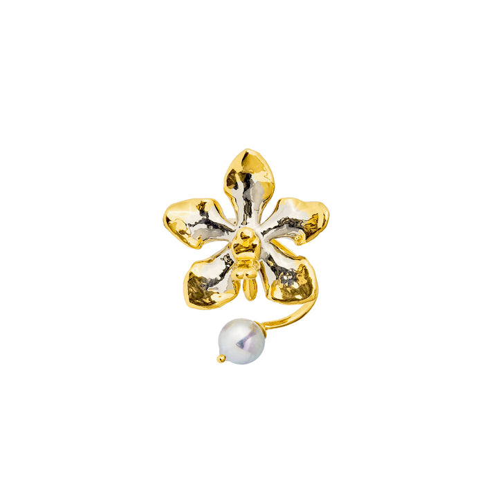 RISIS Vanda Orchid Ring In Gold and Palladium with Akoya Pearls, Natural Vanda Limbata Orchid Encapsulated in 24K Swiss Gold and Palladium with Natural Grey Akoya Pearl