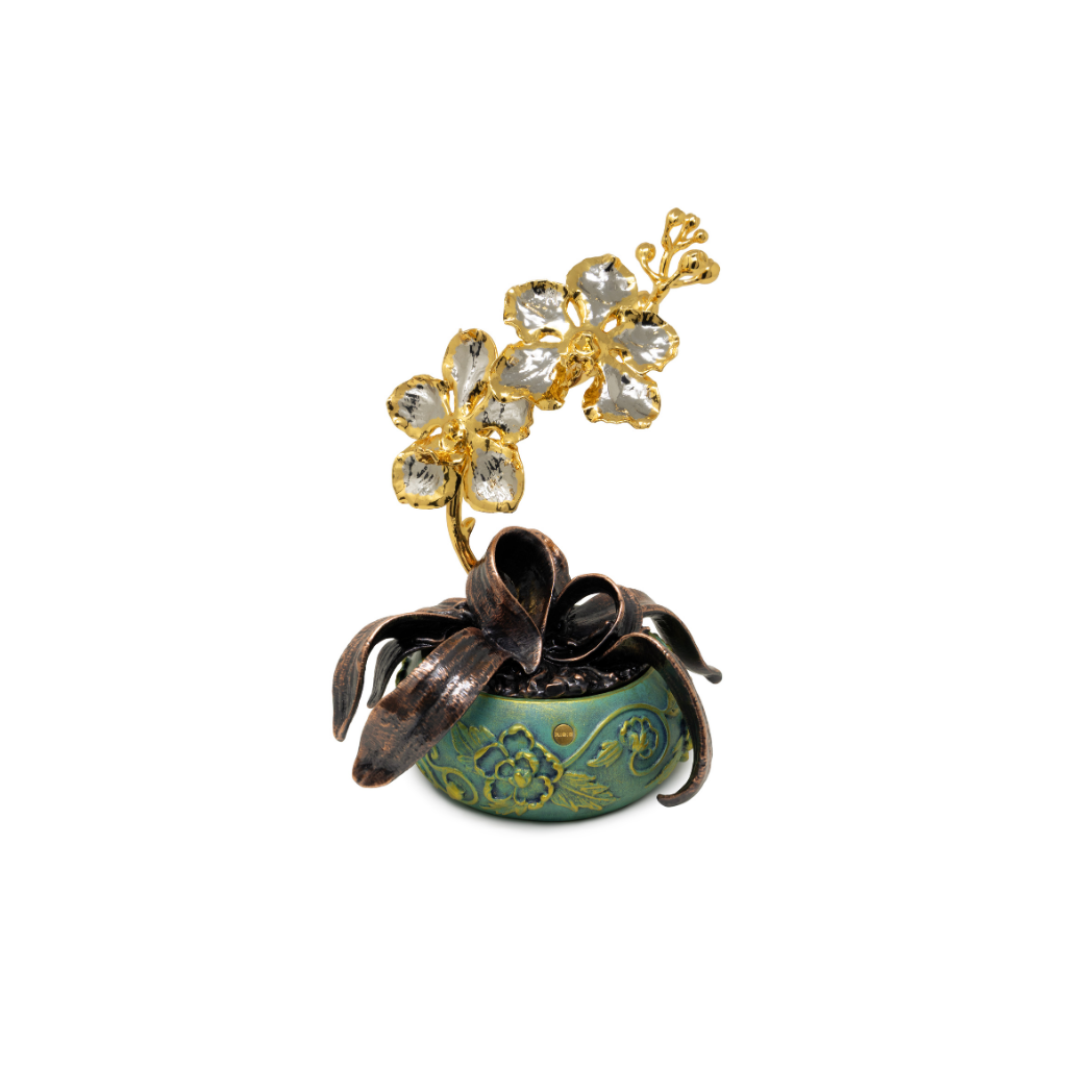 RISIS Vanda Orchids in Peranakan-style Bonsai Pot,  in 24K Swiss Gold and Palladium on hand-painted pot 