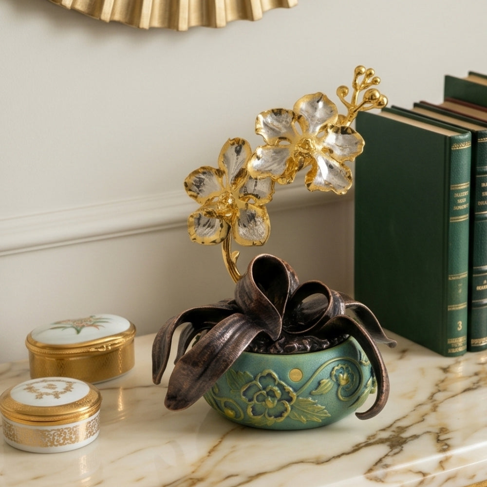 RISIS Vanda Orchids in Peranakan-style Bonsai Pot,  in 24K Swiss Gold and Palladium on hand-painted pot 
