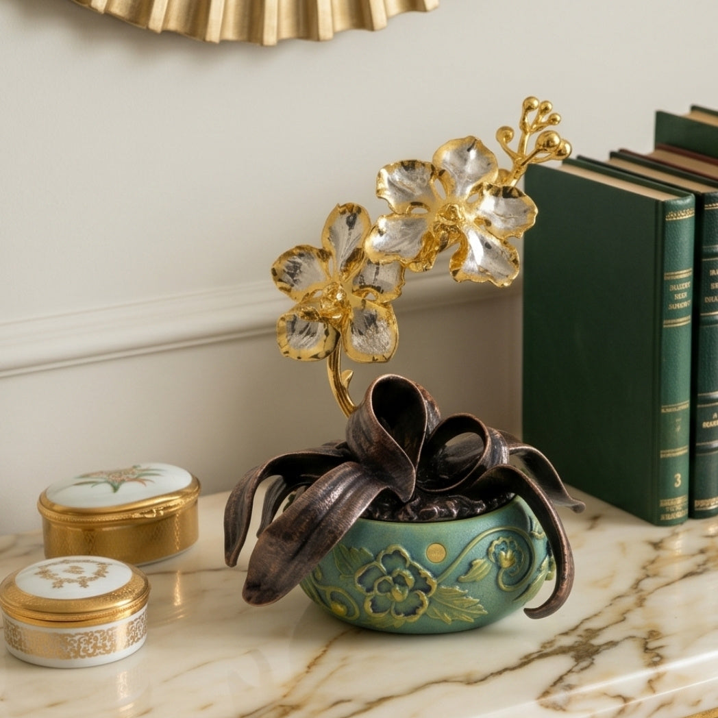 RISIS Vanda Orchids in Peranakan-style Bonsai Pot,  in 24K Swiss Gold and Palladium on hand-painted pot 