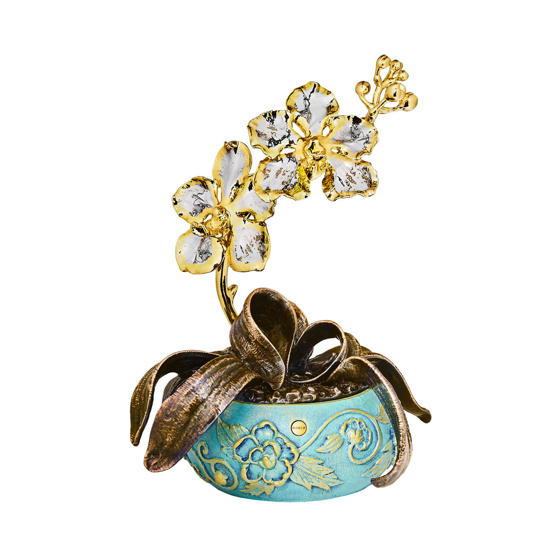 RISIS Vanda Orchids in Peranakan-style Bonsai in 24K Swiss Gold and Palladium on hand-painted pot