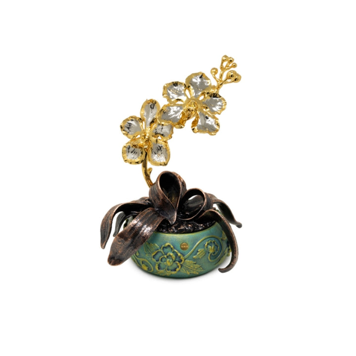 RISIS Vanda Orchids in Peranakan-style Bonsai Pot,  in 24K Swiss Gold and Palladium on hand-painted pot 