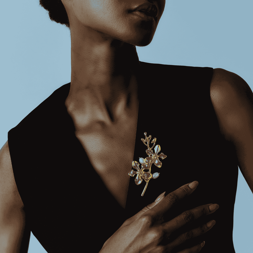 RISIS Vanda Symphony Brooch with Pearls, Natural Vanda Limbata Orchid Spray encapsulated in 24K Swiss Gold and Palladium with Freshwater Pearls