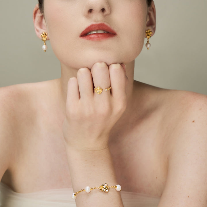 RISIS Vanda Whispers Earrings, Bracelet and Ring, encapsulated in 18K Gold with Freshwater Pearls