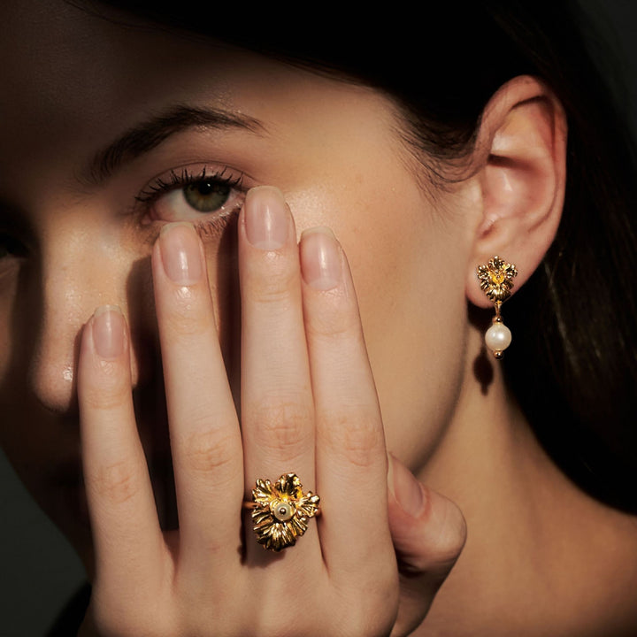 RISIS Vanda Whispers Earrings and Ring, encapsulated in 18K Gold with Freshwater Pearls