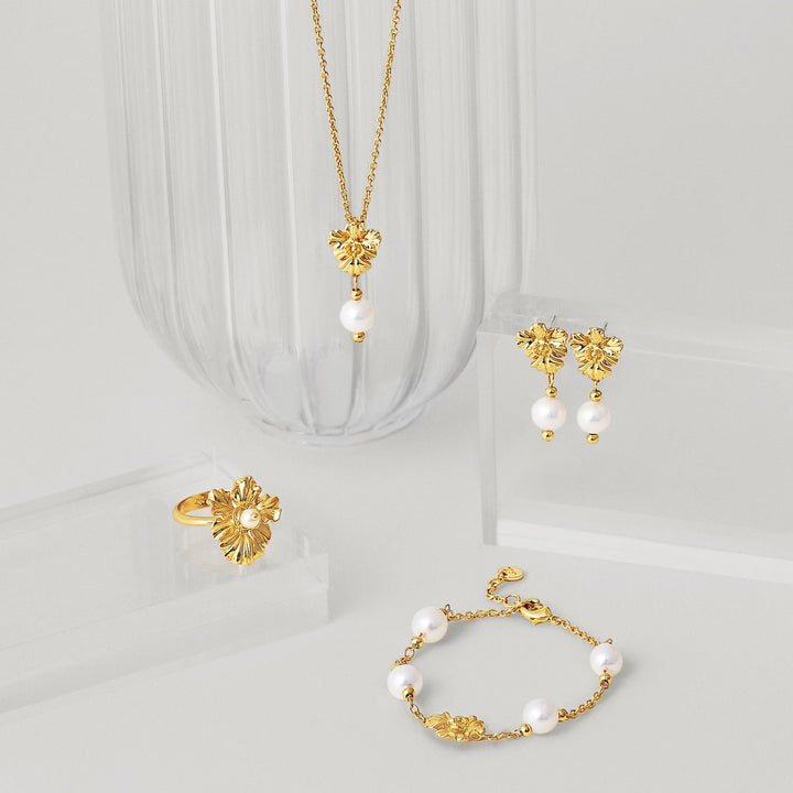 RISIS Vanda Whispers Jewellery Set (Necklace, Earrings, Bracelet & Ring), encapsulated in 18K Gold with Freshwater Pearls