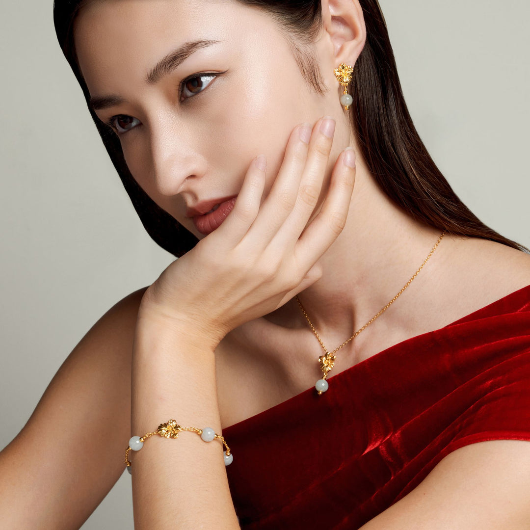 RISIS Vanda Whispers Necklace, Earrings and Bracelet in Gold with Jadeite