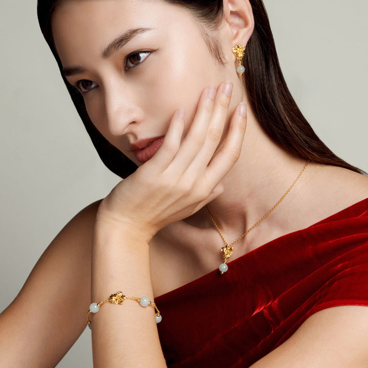 RISIS Vanda Whispers Necklace, Earrings and Bracelet in Gold with Jadeite