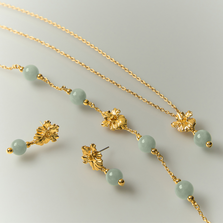 RISIS Vanda Whispers Necklace, Earrings and Bracelet in Gold with Jadeite