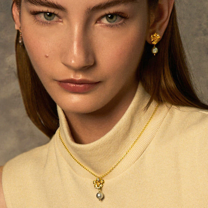 RISIS Vanda Whispers Necklace and Earrings, Encapsulated in 24K Swiss Gold with Rich Grey Freshwater Pearls