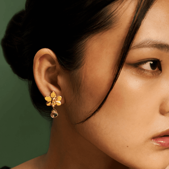 RISIS Vandaenopsis Orchid Earrings In 24K Gold with Citrine