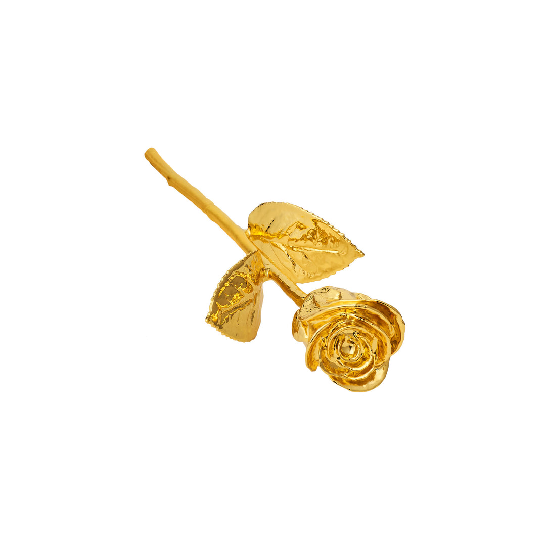 Gold rose and bud ornament with spiral petals and leaf details