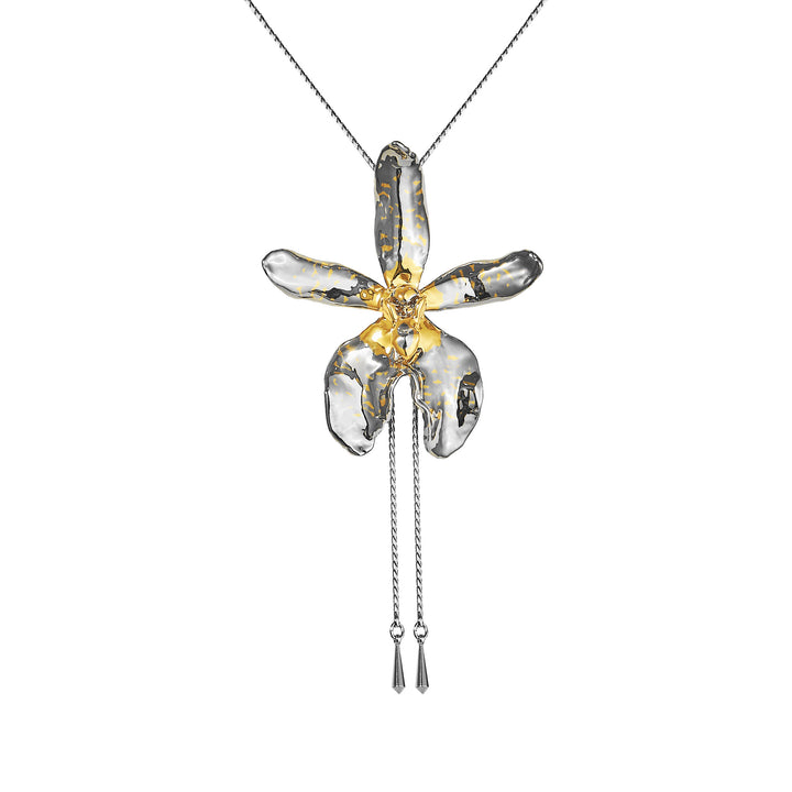 Aranthera Orchid Long Slider Necklace In Palladium & Gold