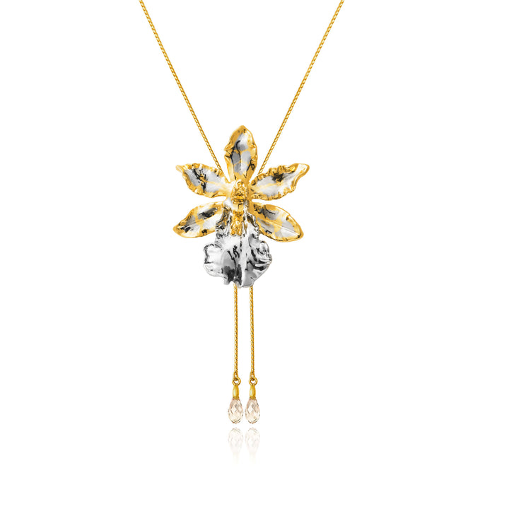 Oncidium Wildcat Orchid Long Slider Necklace in Gold & Palladium with Crystal Tailends