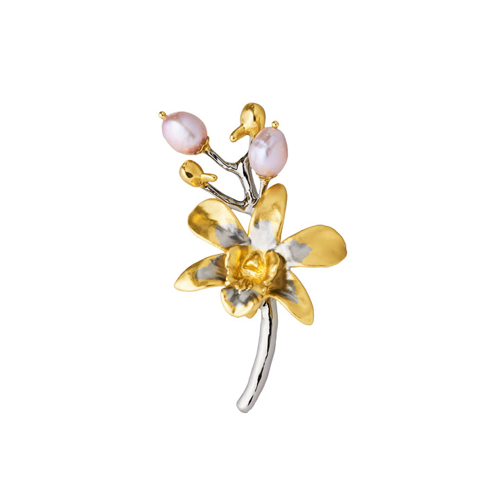RISIS Dendrobium Orchid Vine brooch in Gold and Palladium with Pink Freshwater Pearl