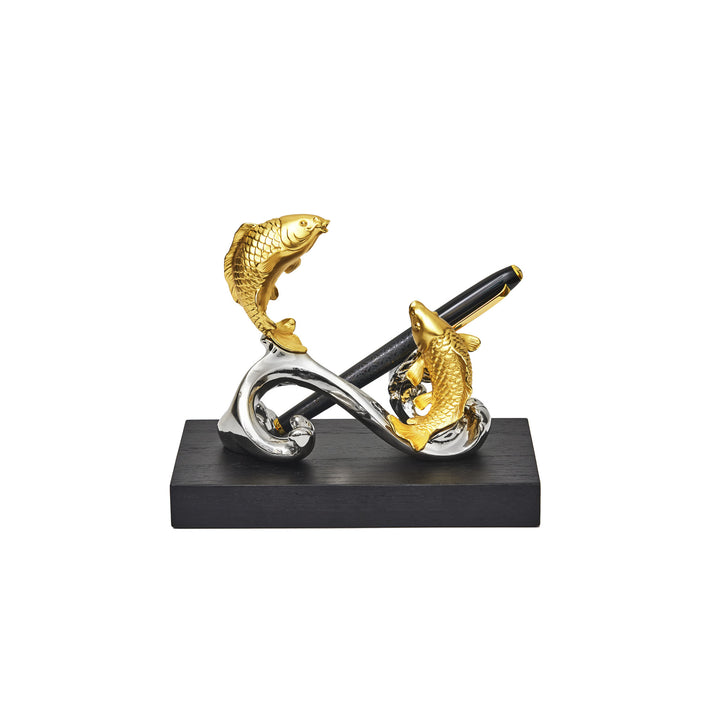 RISIS Carp Fishes and Wave Base Encapsulated in 24K Swiss Gold and Nickel Finish on Sustainable Wood Base