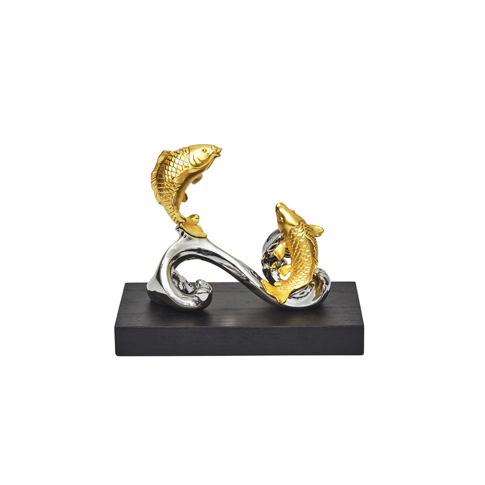 RISIS Carp Fishes and Wave Base Encapsulated in 24K Swiss Gold and Nickel Finish on Sustainable Wood Base