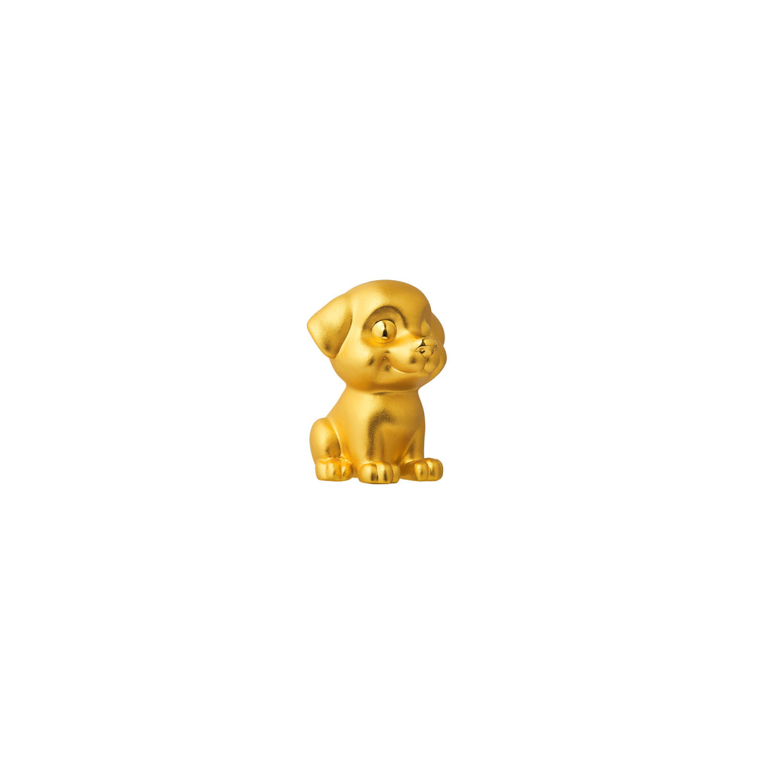 Zodiac dog figurine, golden-toned sitting dog statue with side view