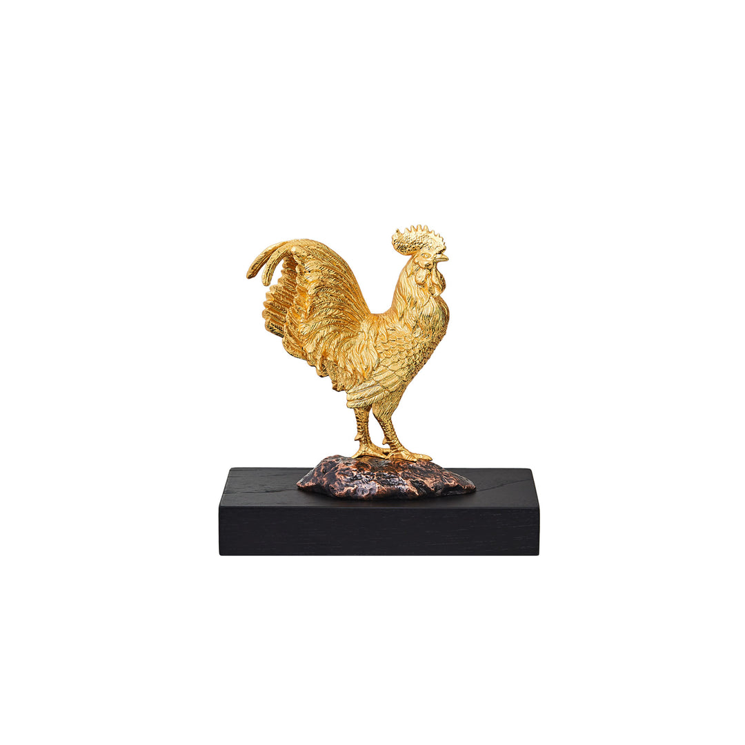 RISIS Wisdom Rooster Sculpture,  encapsulated in 24K Swiss Gold on Blackened Copper and Sustainable Wooden Base